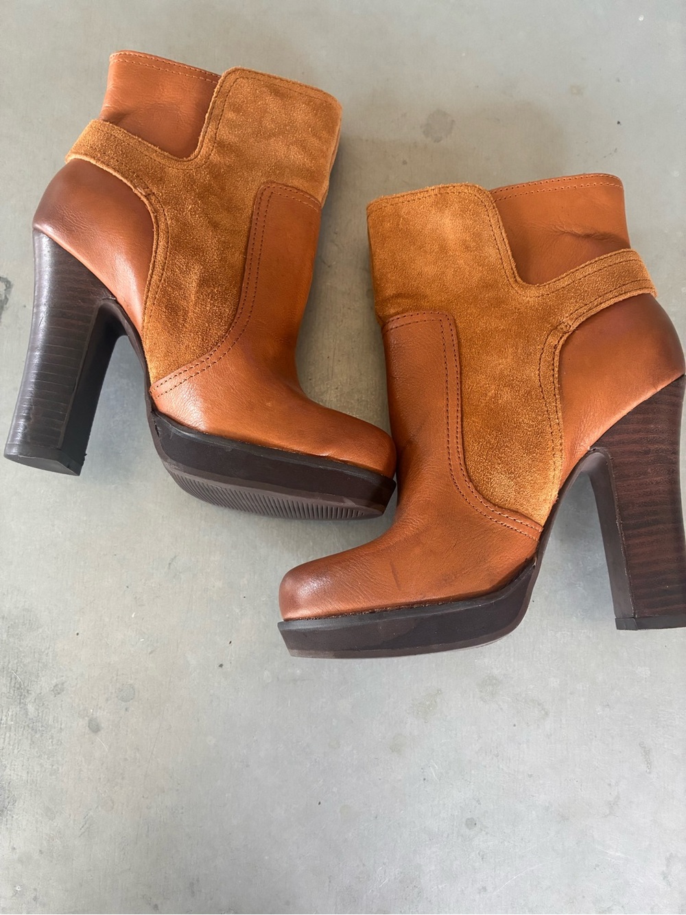 Jessica Simpson Tan Cognac Suede & Leather Platform Ankle Boots SZ 6